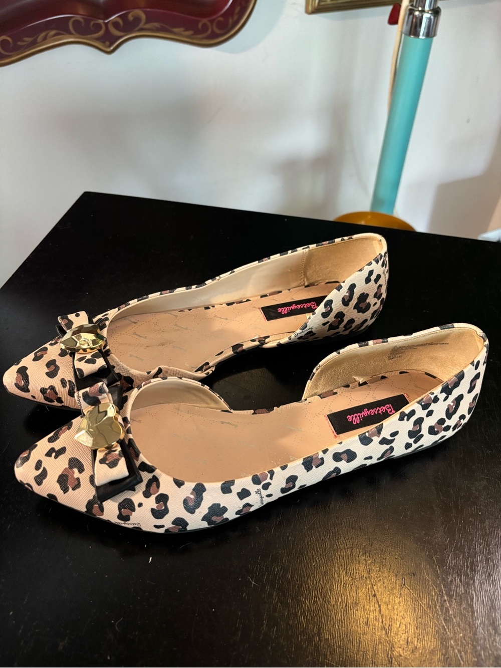 Betsey Johnson Leopard Print Pointed Flats with Bow & Gold Charm